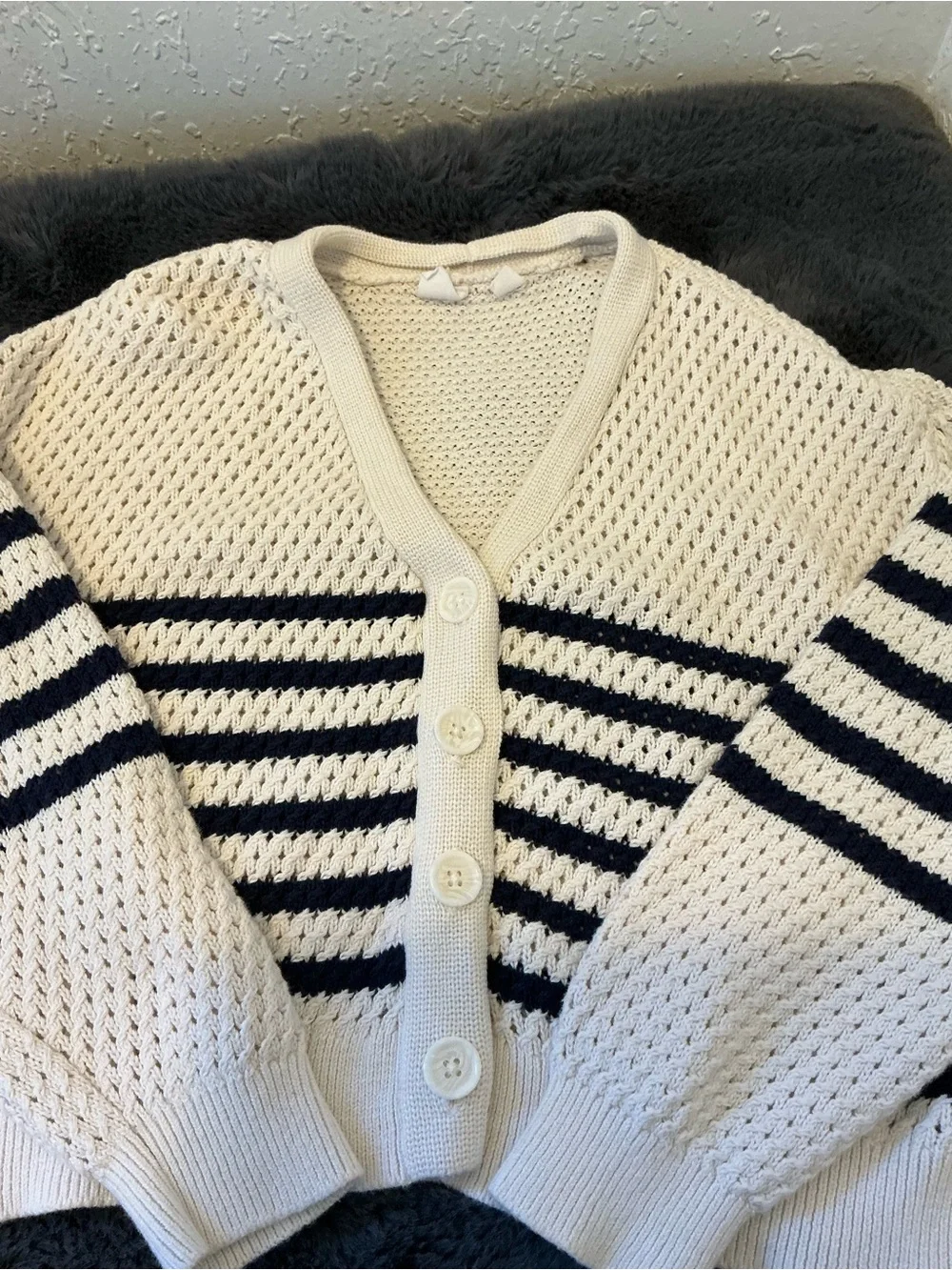 GAP Cream and Black Striped Open-Knit Button Cardigan